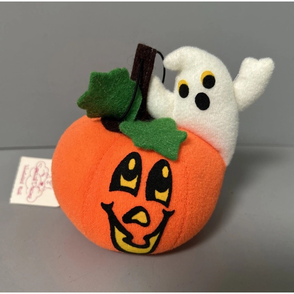Vintage Russ Berrie Plush Pumpkin Ghost #1171 Halloween Hanging Decor 4"